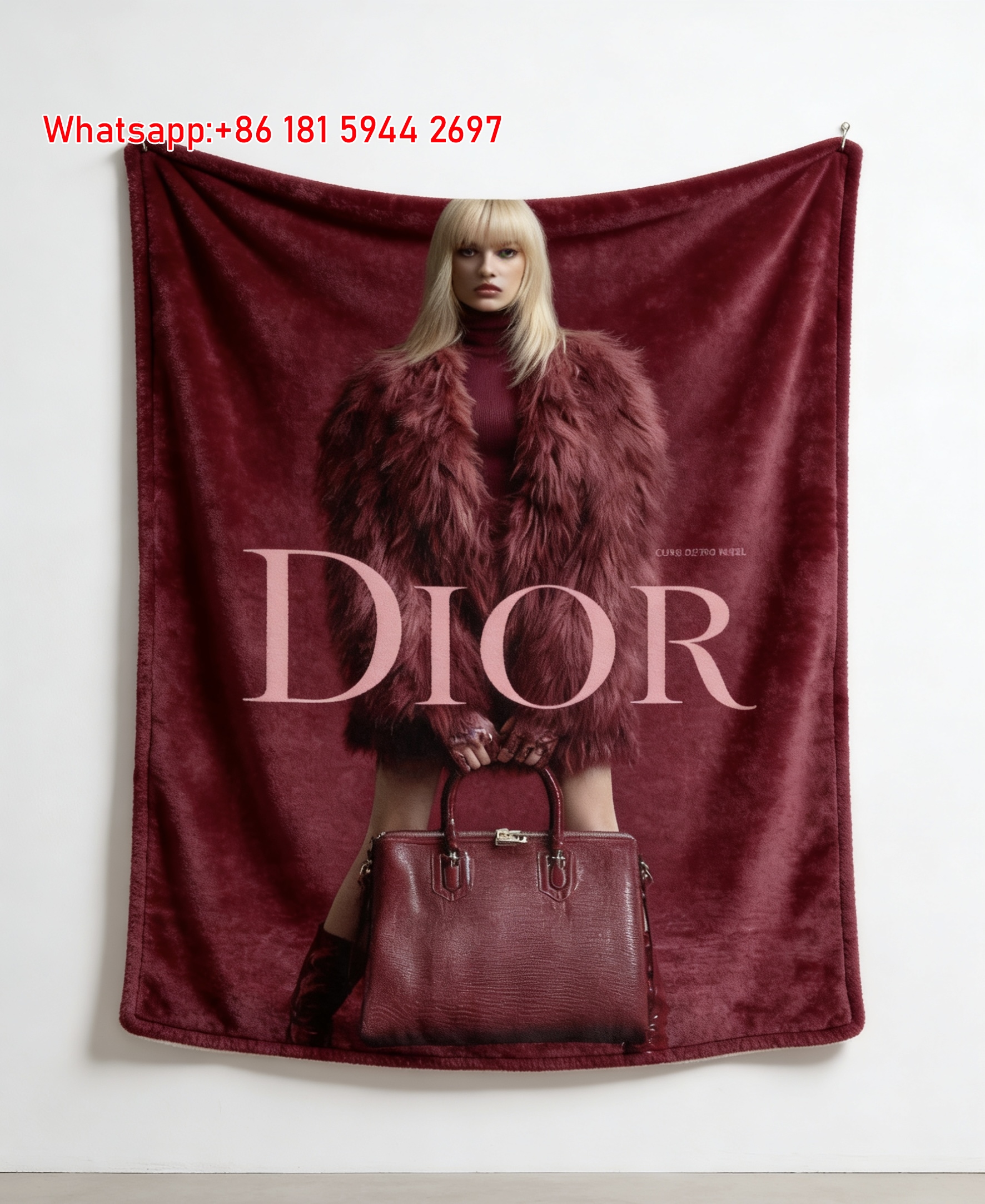 Dior Burgundy Fur Coat & Bag Fashion Flannel Sofa Throw Blanket D385